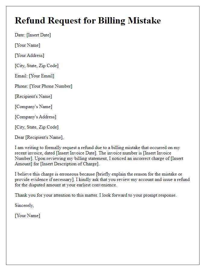 Letter template of refund request for billing mistake