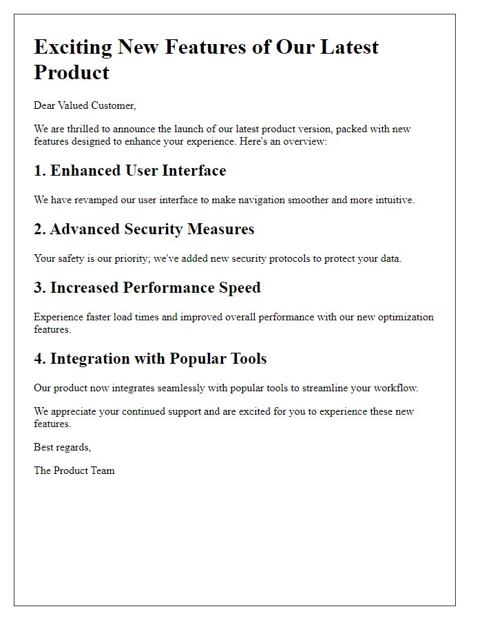 Letter template of new product features overview