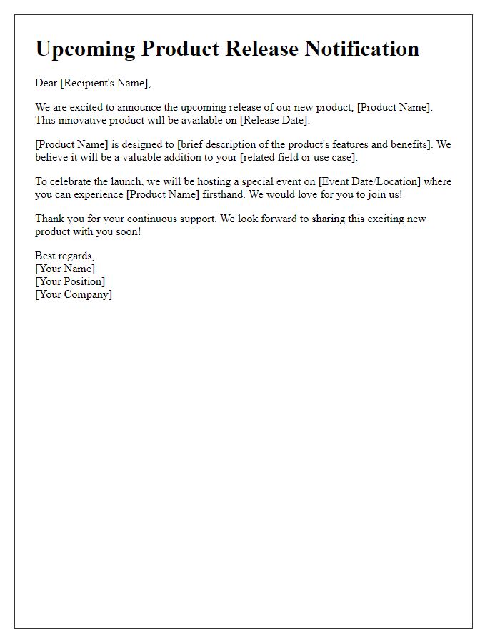Letter template of upcoming product release notification