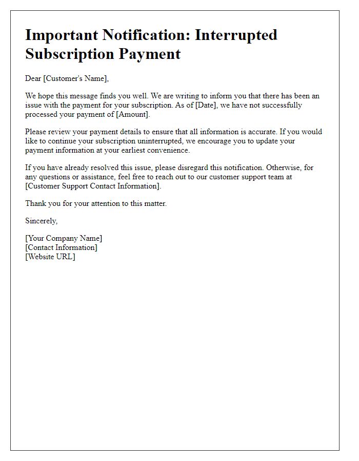 Letter template of notification for interrupted subscription payment