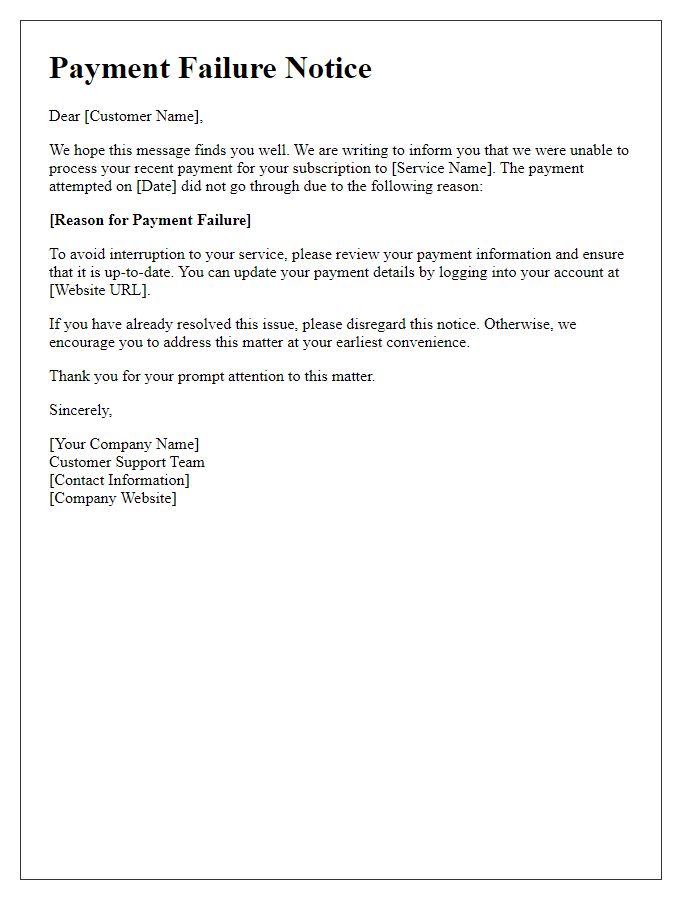 Letter template of payment failure notice for subscription services