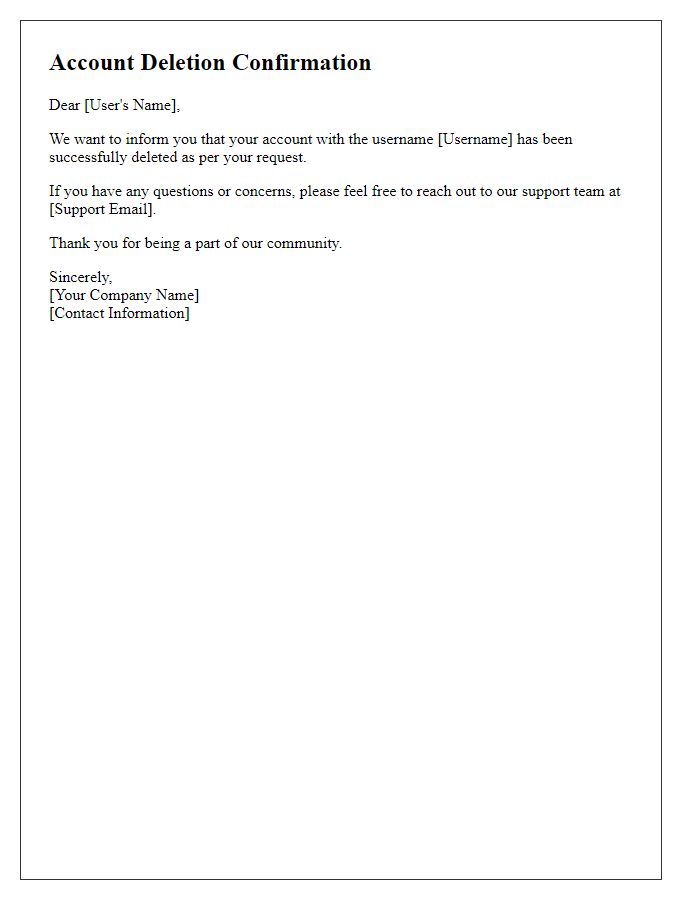 Letter template of account deletion confirmation for cancellation.