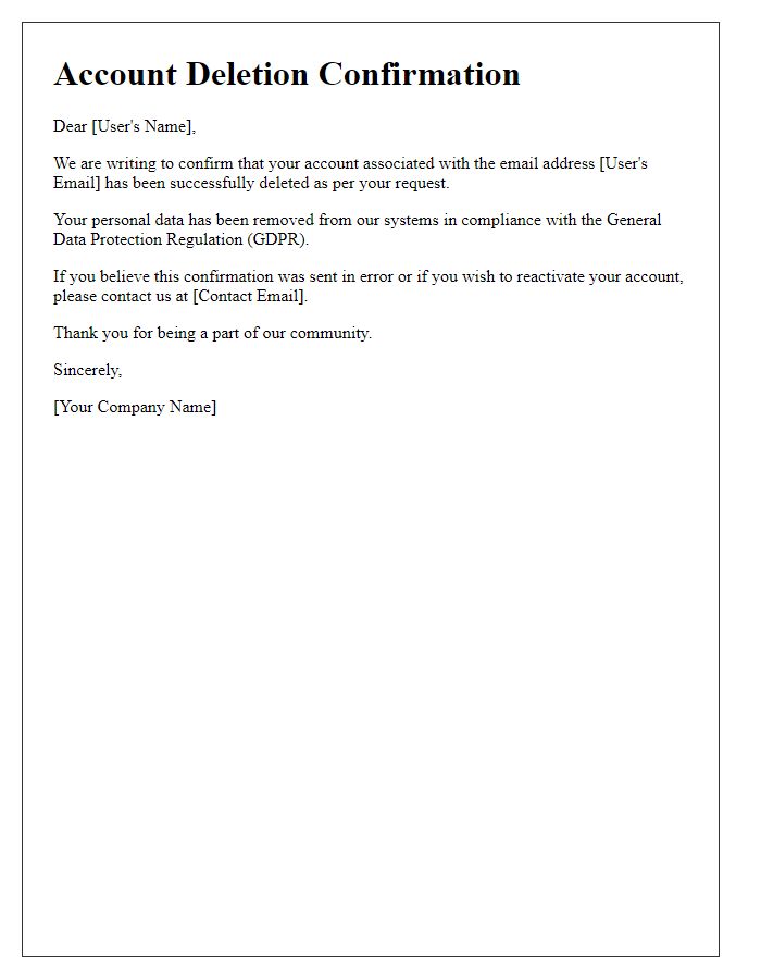 Letter template of account deletion confirmation for GDPR compliance.