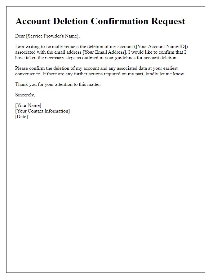 Letter template of account deletion confirmation request.