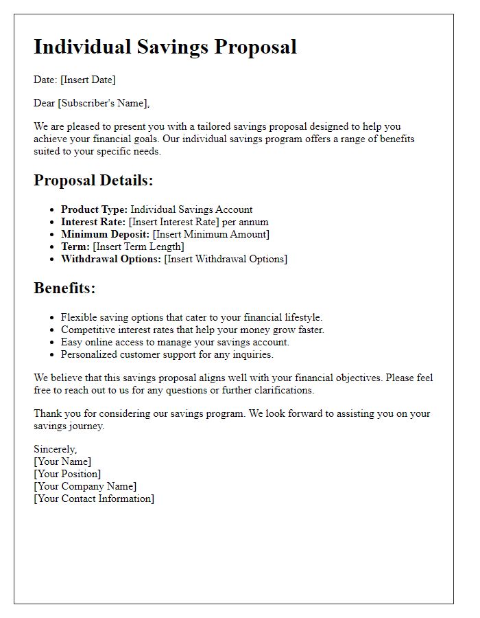 Letter template of individual savings proposal for subscribers