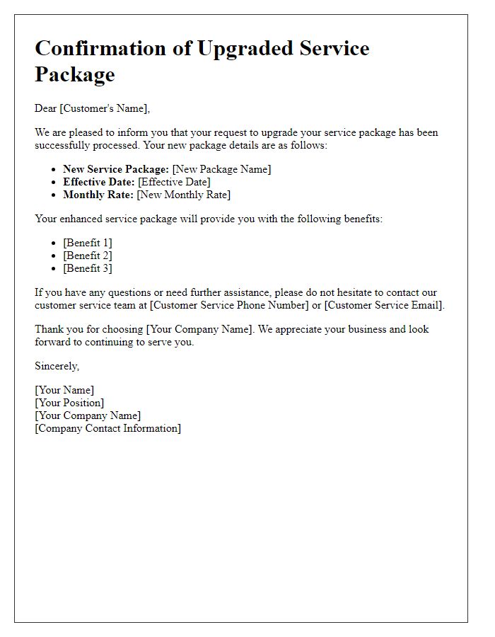 Letter template of confirmation for upgraded service package