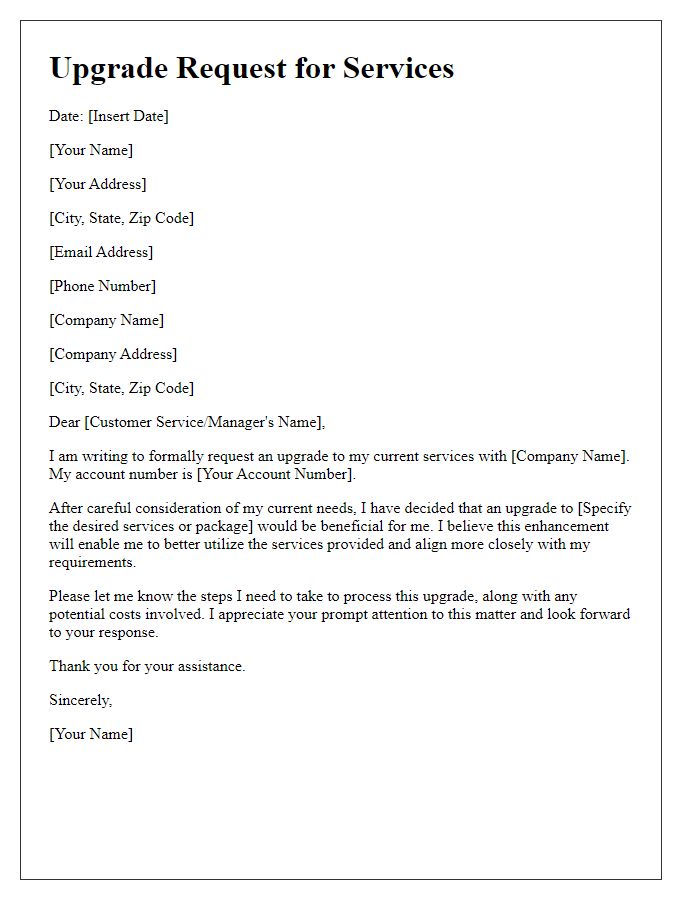 Letter template of customer upgrade request for services