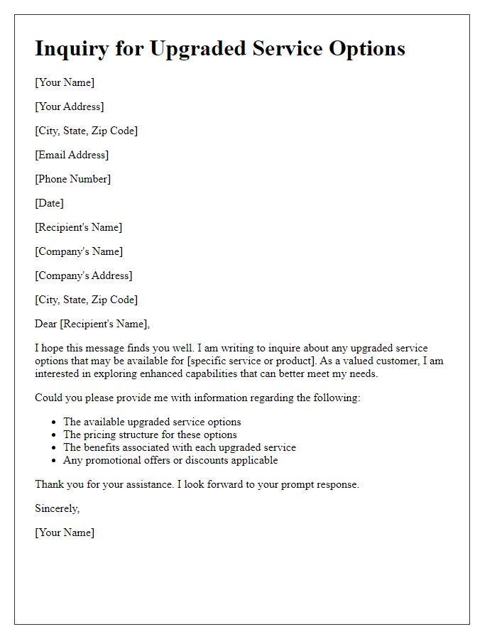 Letter template of inquiry for upgraded service options