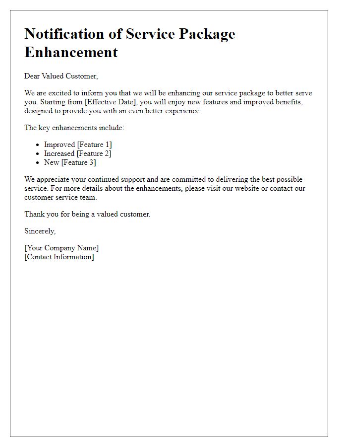 Letter template of notification for service package enhancement