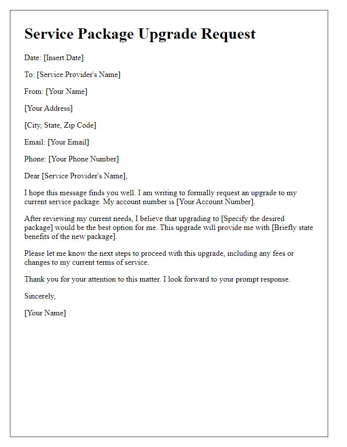 Letter template of service package upgrade request