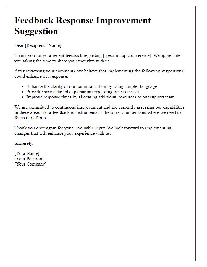 Letter template of feedback response improvement suggestion