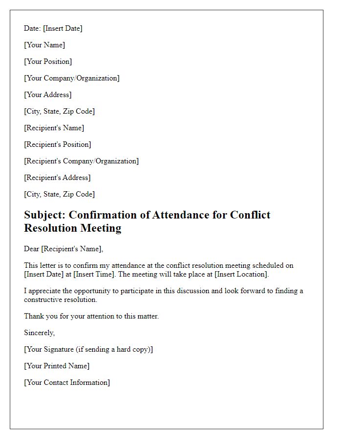 Letter template of confirmation for conflict resolution meeting attendance