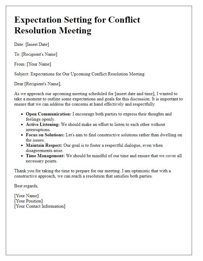 Letter template of expectation setting before conflict resolution meeting