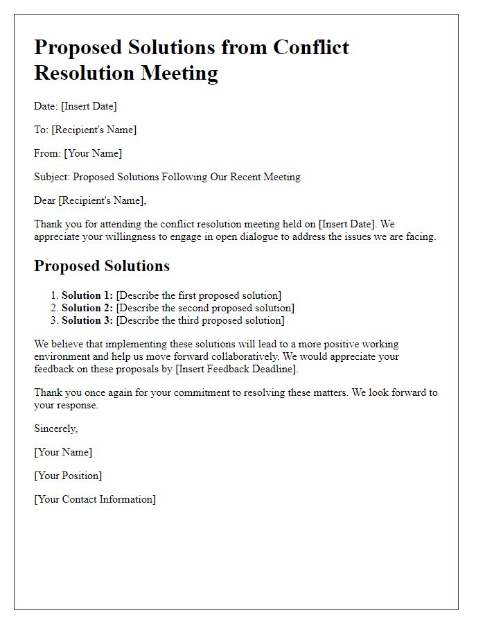 Letter template of proposed solutions from conflict resolution meeting