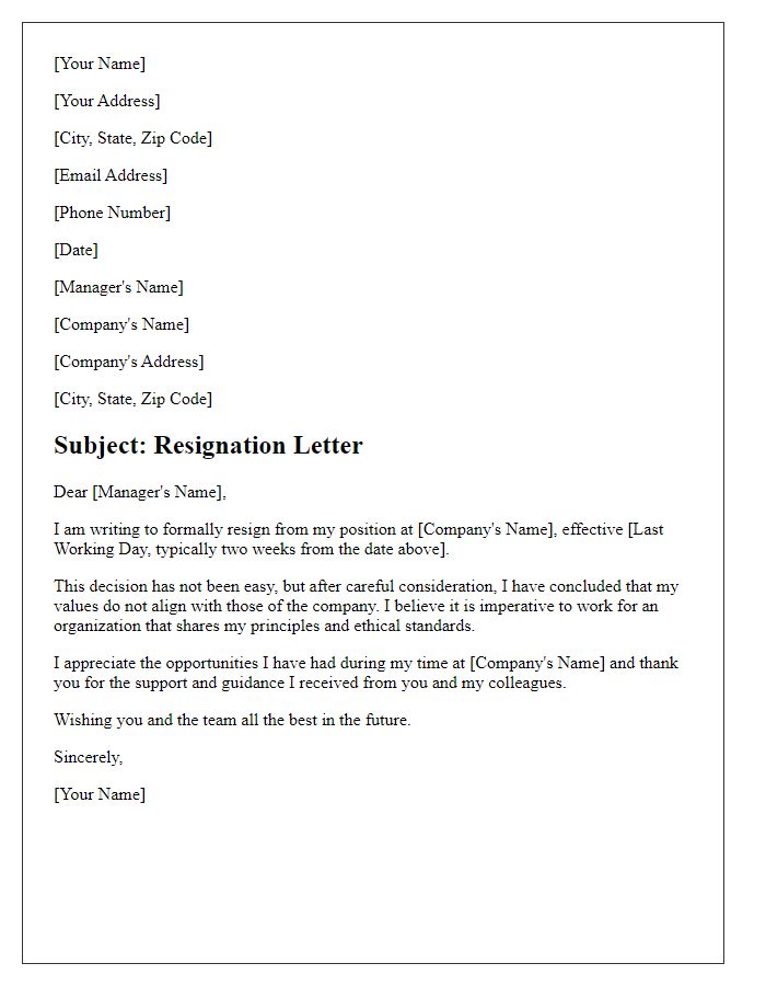 Letter template of resignation because of moral conflicts with company values.