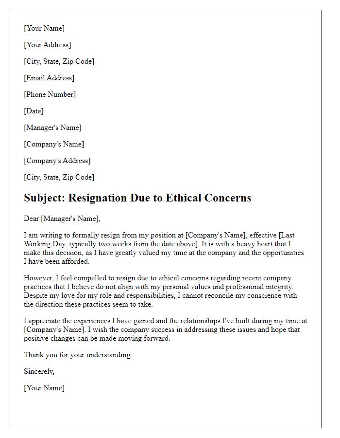 Letter template of resignation due to ethical concerns with company practices.