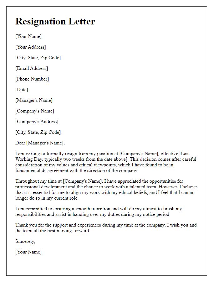 Letter template of resignation due to fundamental differences in ethical viewpoints.