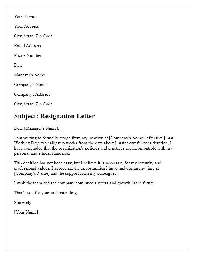 Letter template of resignation for ethical misalignment with organizational policies.