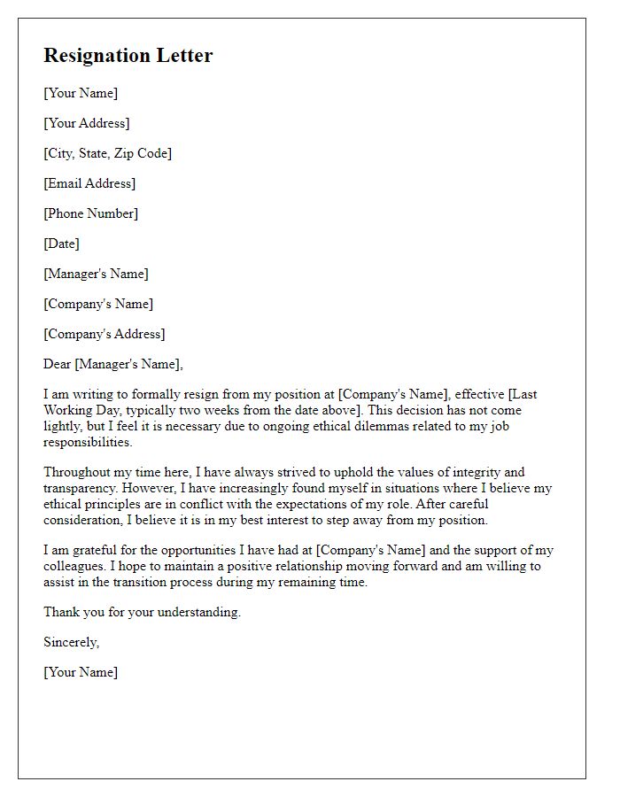 Letter template of resignation prompted by ethical dilemmas in job responsibilities.