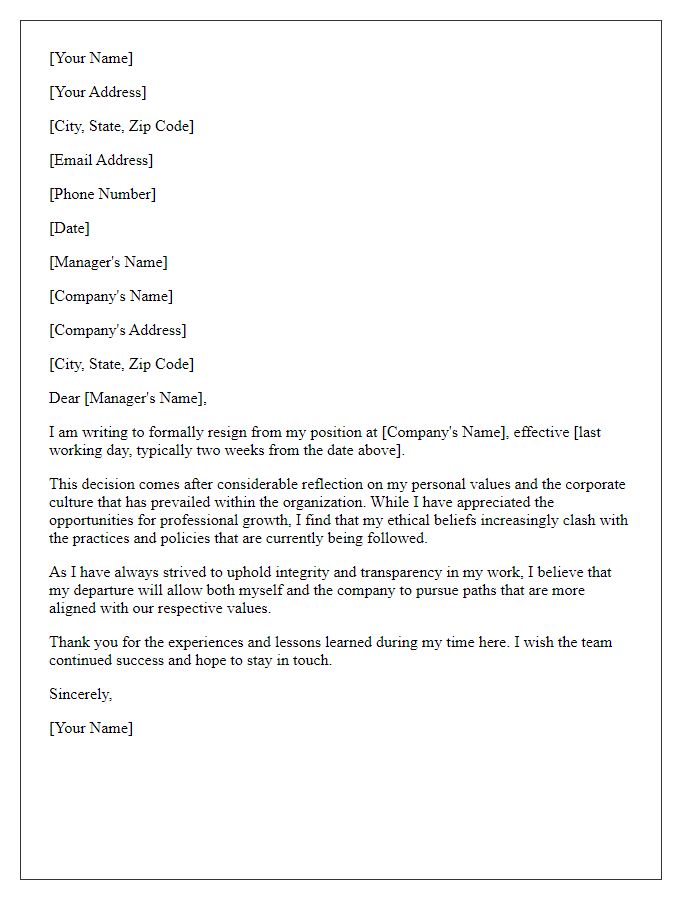 Letter template of resignation reflecting personal ethics clashing with corporate culture.