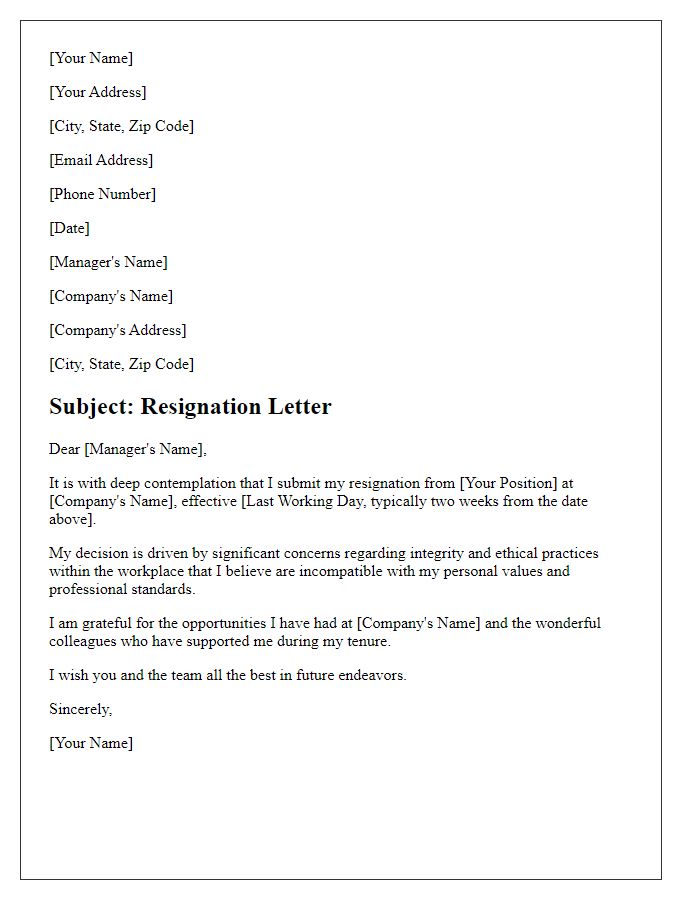 Letter template of resignation triggered by integrity issues within the workplace.