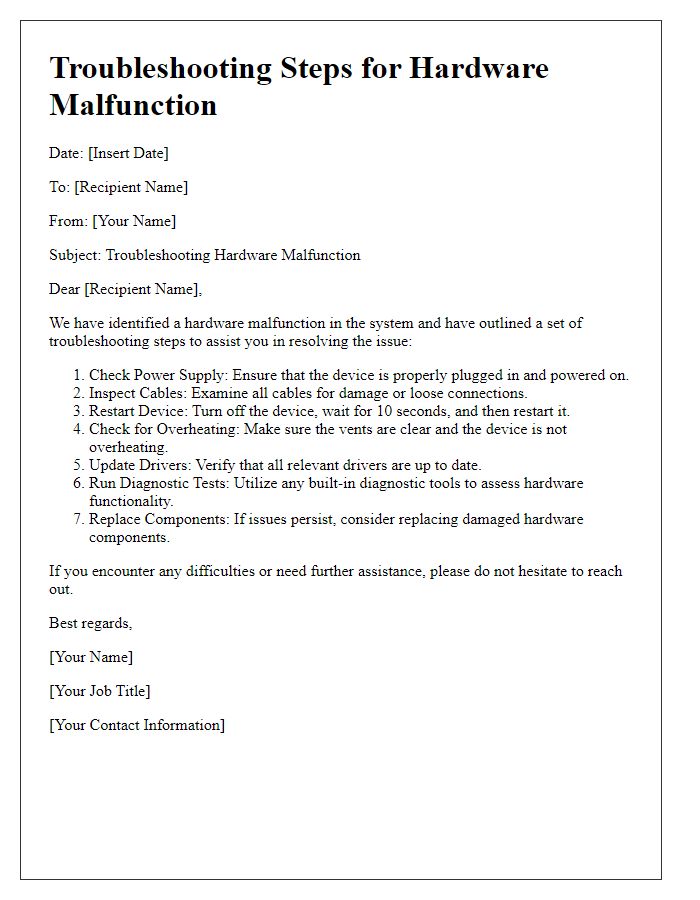 Letter template of troubleshooting steps for hardware malfunctions.