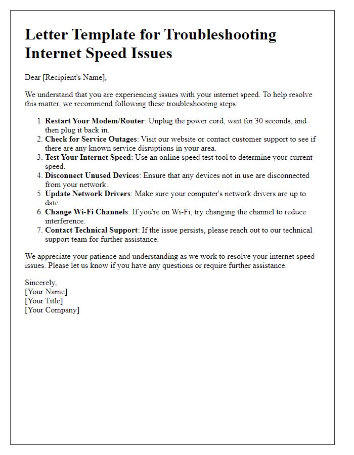 Letter template of troubleshooting steps for internet speed issues.