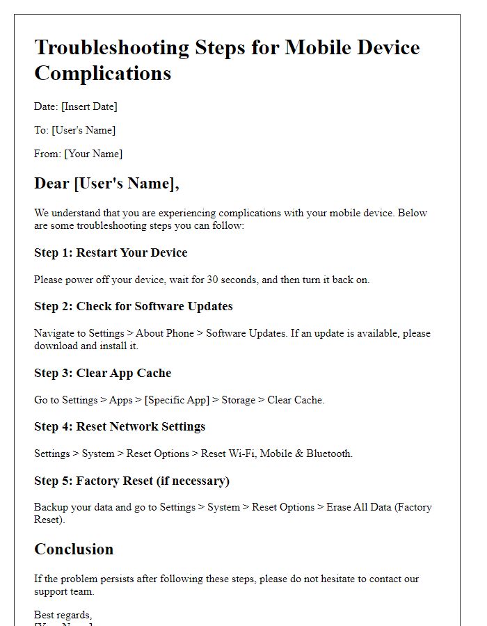 Letter template of troubleshooting steps for mobile device complications.