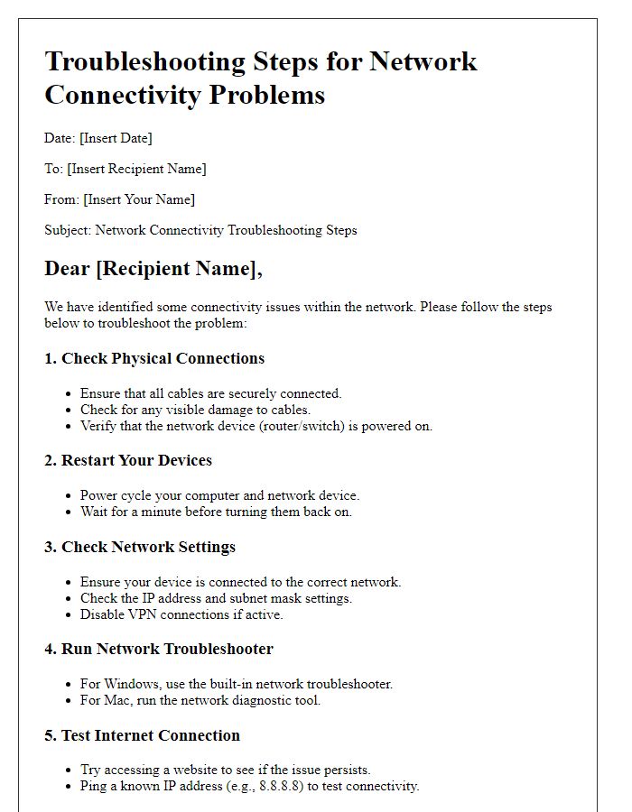 Letter template of troubleshooting steps for network connectivity problems.