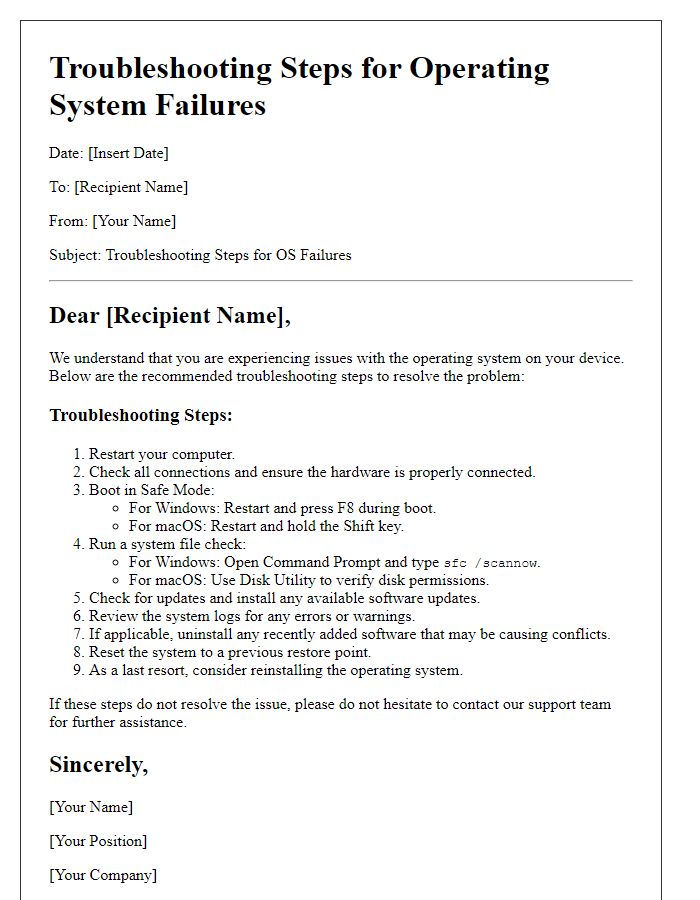 Letter template of troubleshooting steps for operating system failures.