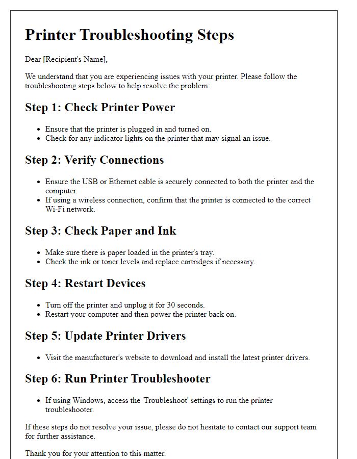 Letter template of troubleshooting steps for printer-related errors.