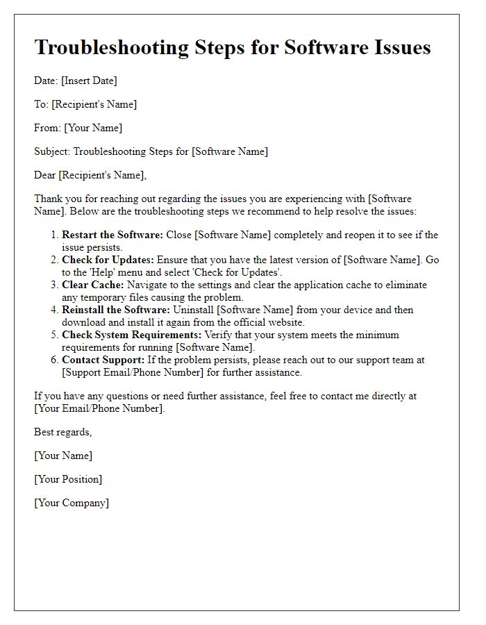 Letter template of troubleshooting steps for software issues.