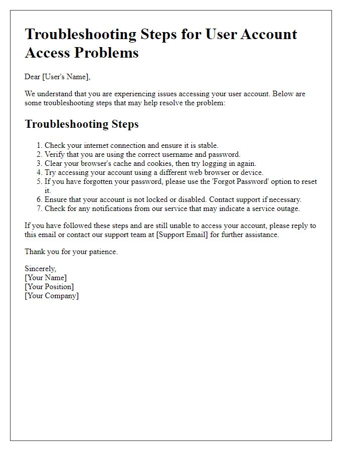 Letter template of troubleshooting steps for user account access problems.