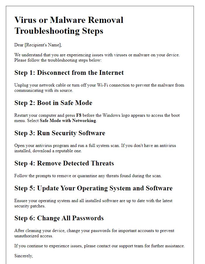 Letter template of troubleshooting steps for virus or malware removal.