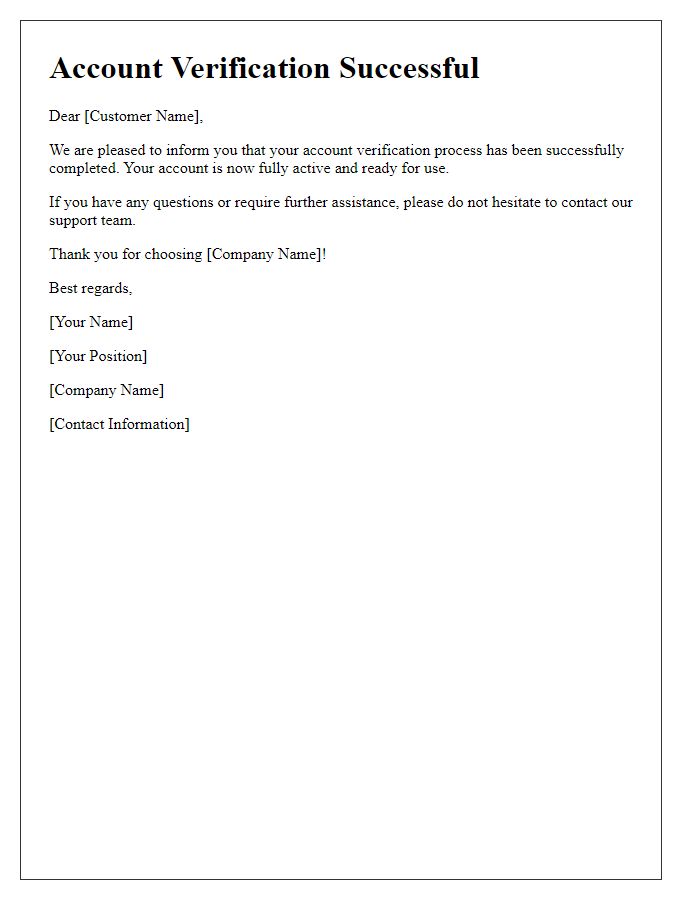 Letter template of account verification completion for financial services.