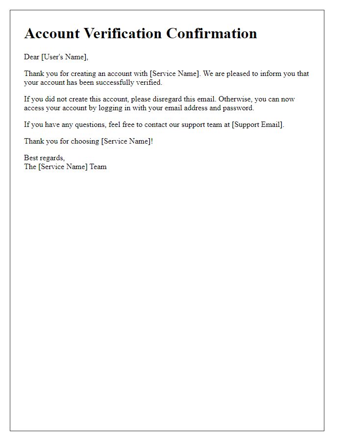 Letter template of account verification confirmation for email service.