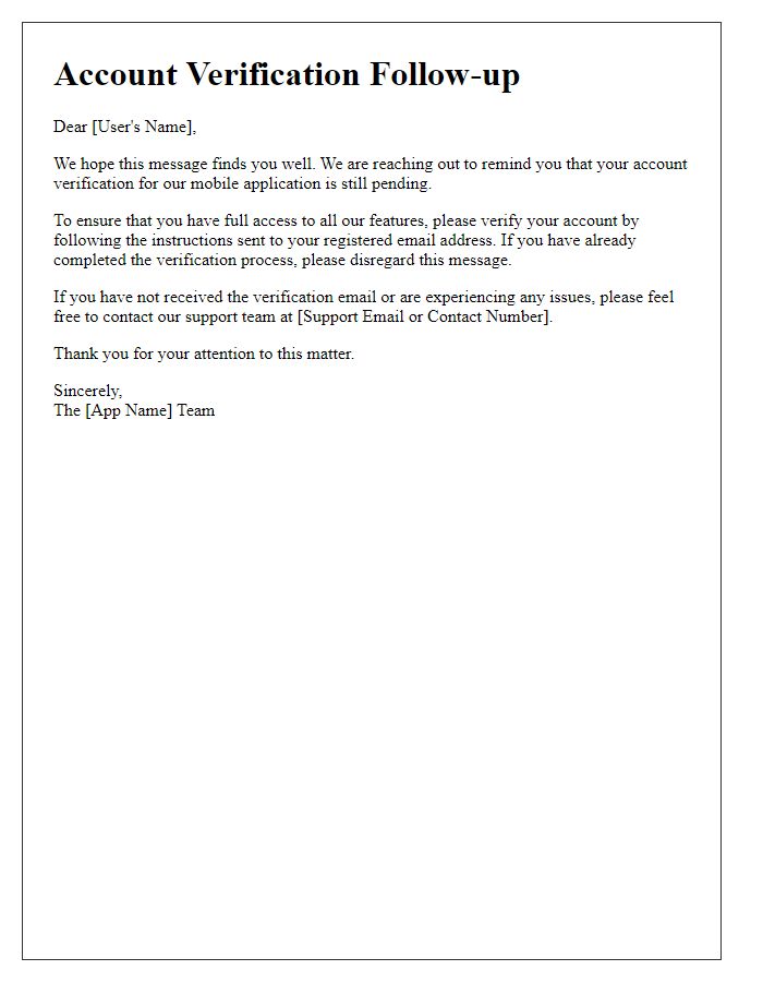 Letter template of account verification follow-up for mobile applications.