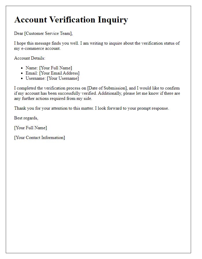 Letter template of account verification inquiry for e-commerce accounts.