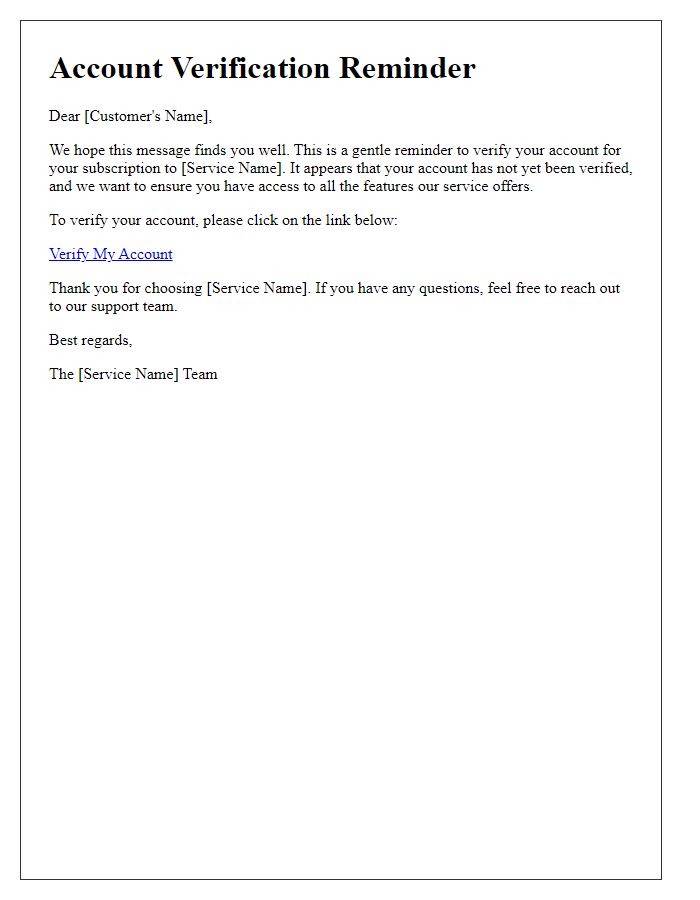Letter template of account verification reminder for subscription services.
