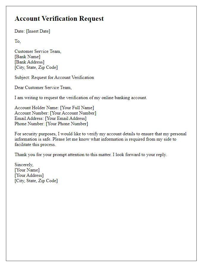 Letter template of account verification request for online banking.