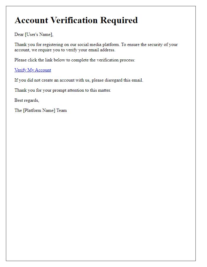Letter template of account verification for social media platform users.