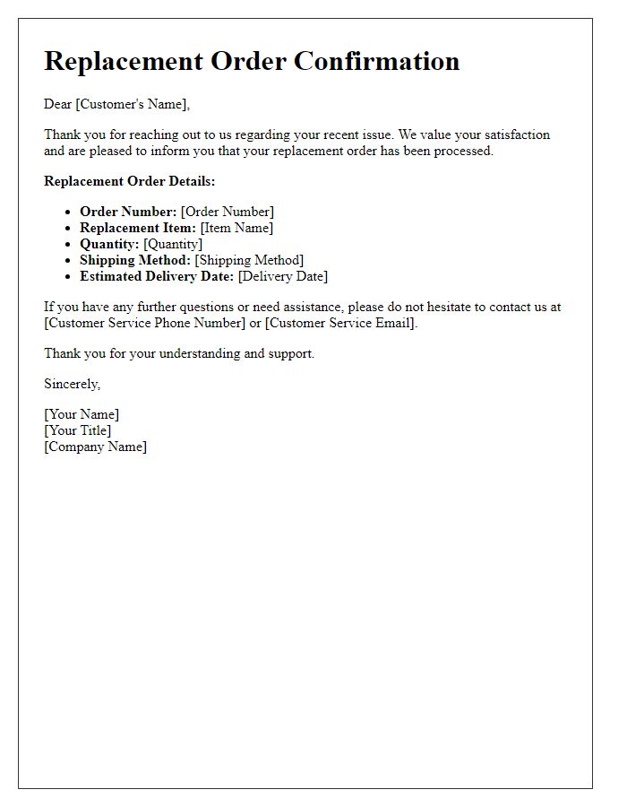 Letter template of Replacement Order Confirmation for Customer Service Issues