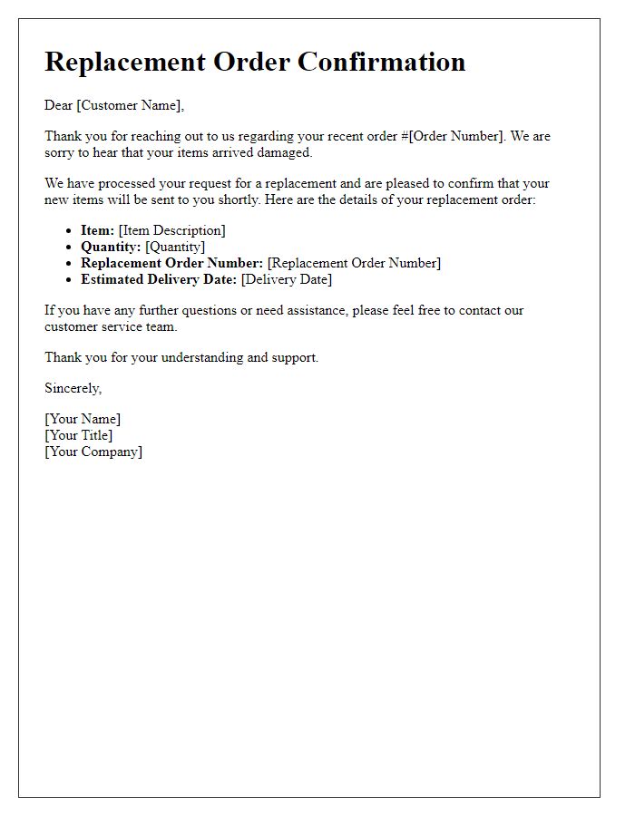 Letter template of Replacement Order Confirmation for Damaged Items