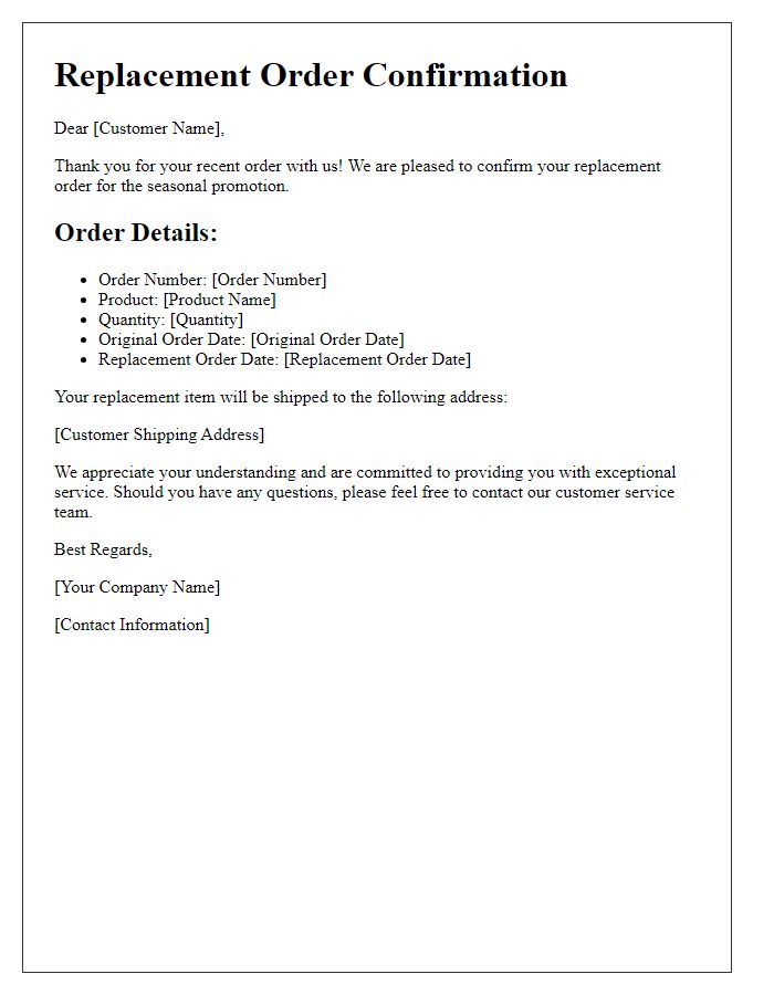 Letter template of Replacement Order Confirmation for Seasonal Promotions