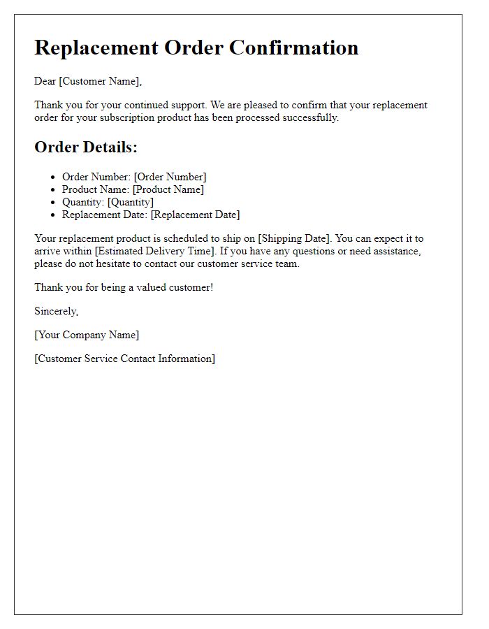 Letter template of Replacement Order Confirmation for Subscription Products