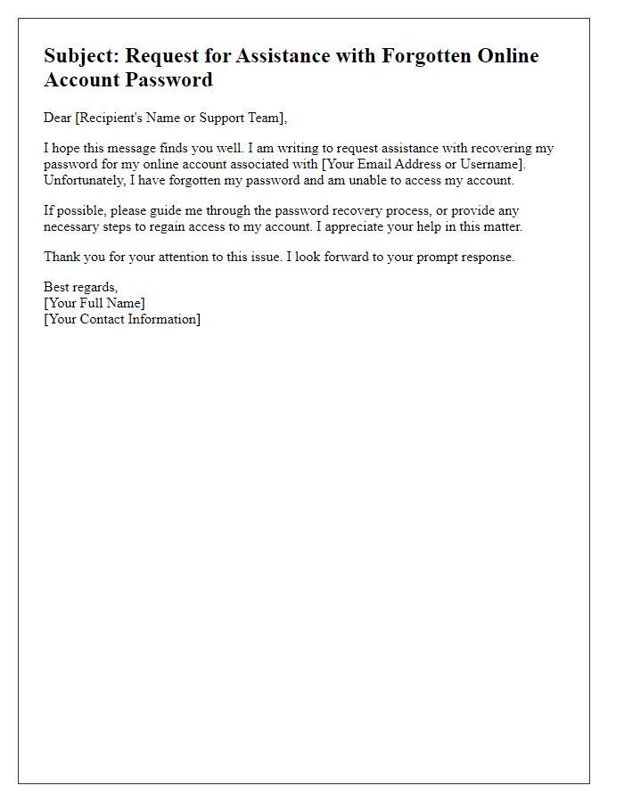 Letter template of appeal for assistance with forgotten online account password