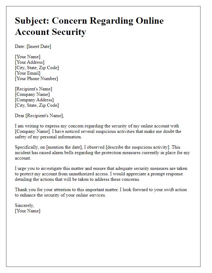 Letter template of complaint regarding online account security concerns