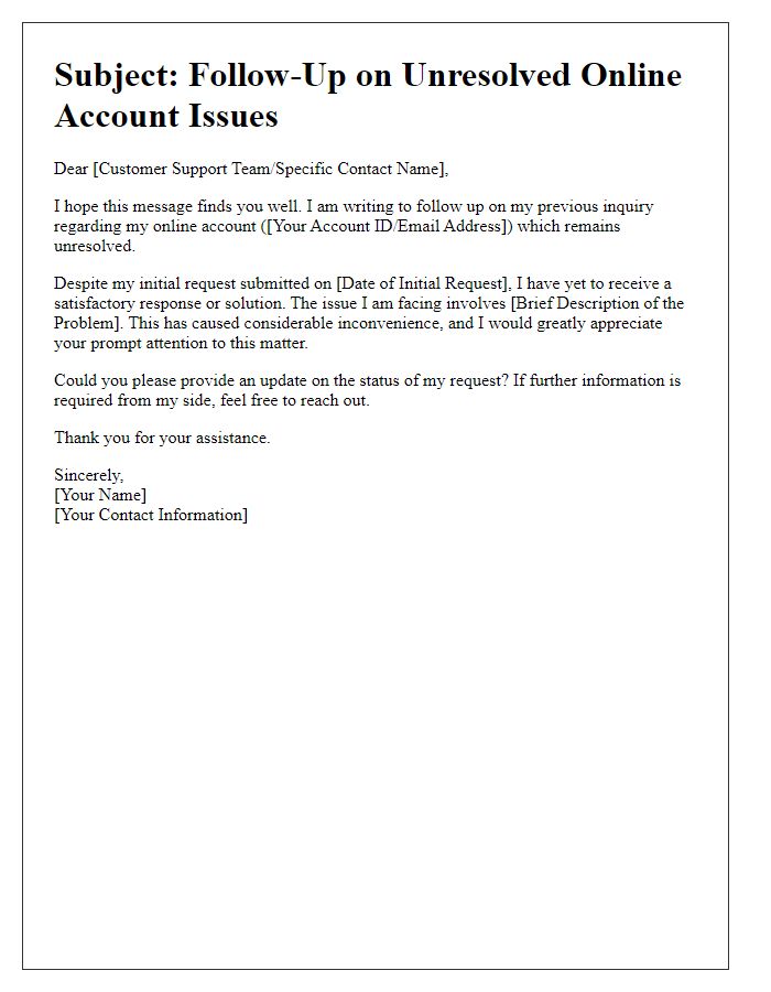 Letter template of follow-up for unresolved online account problems