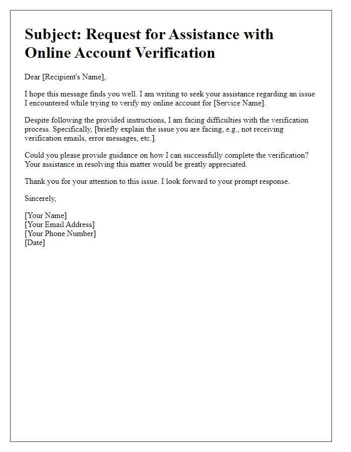 Letter template of need for assistance with online account verification