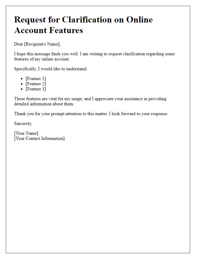 Letter template of request for clarification on online account features